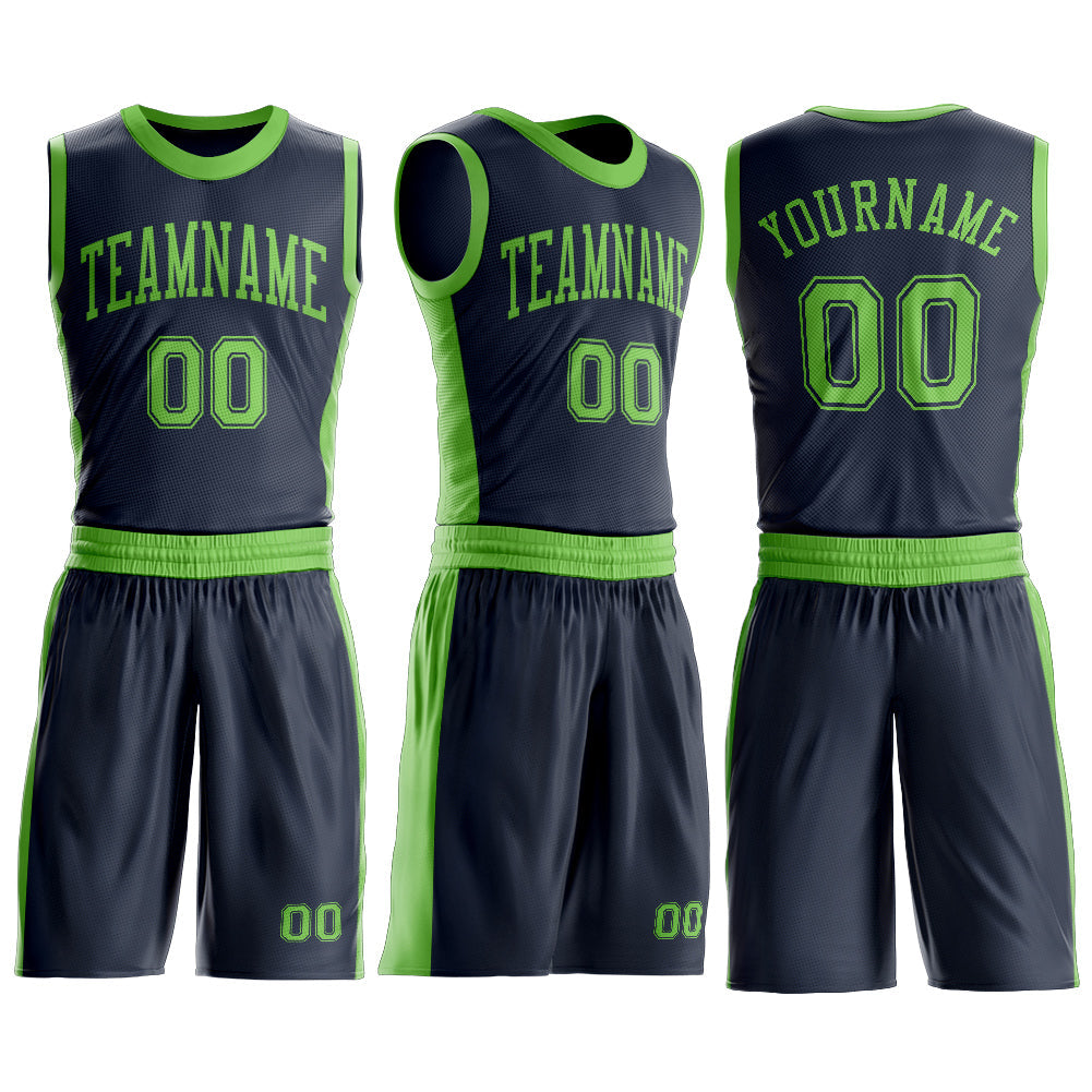 Custom Navy Neon Green Round Neck Basketball Uniform Jersey view 3