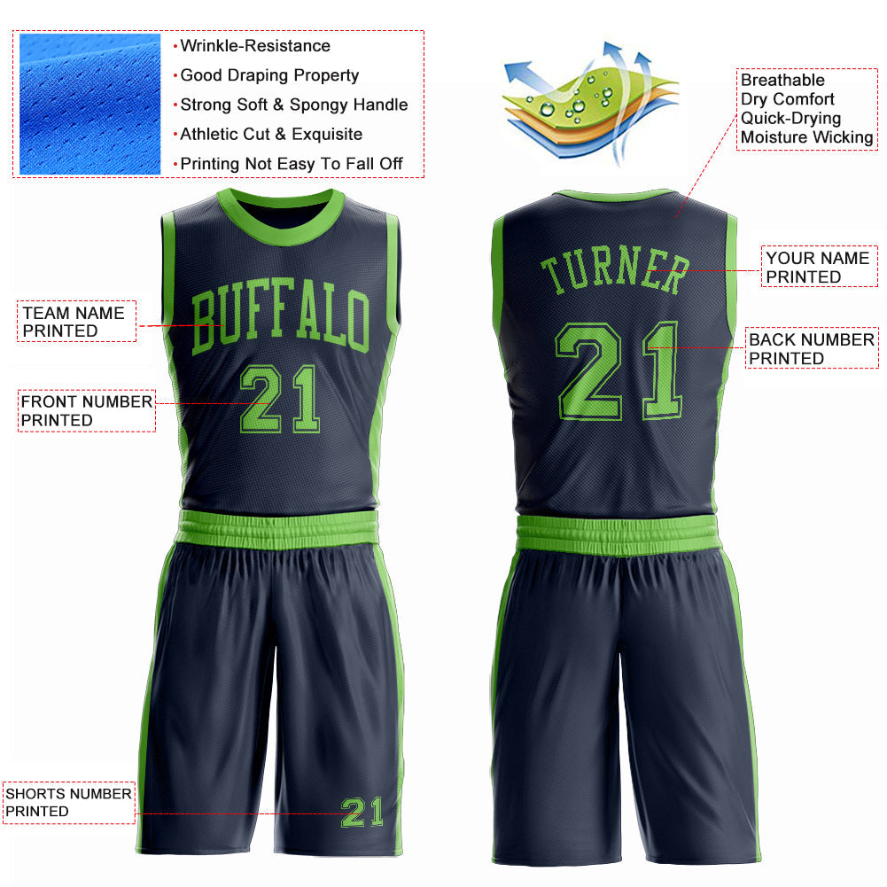 Custom Navy Neon Green Round Neck Basketball Uniform Jersey view 4
