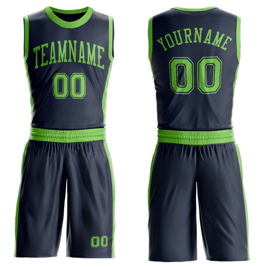 Custom Navy Neon Green Round Neck Basketball Uniform Jersey - Main View