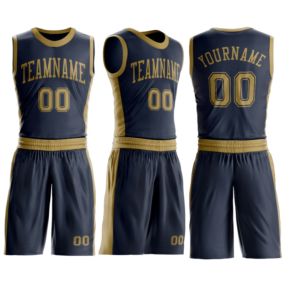 Custom Navy Old Gold Round Neck Basketball Uniform Jersey view 3