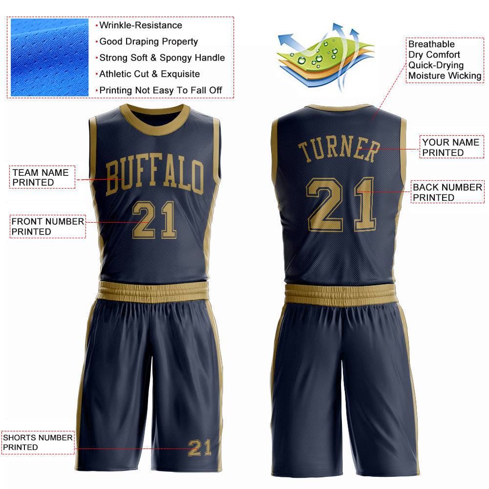 Custom Navy Old Gold Round Neck Basketball Uniform Jersey view 4