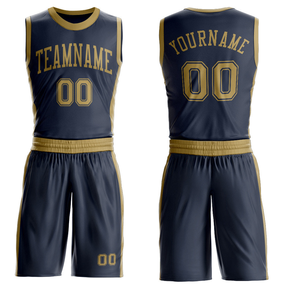 Custom Navy Old Gold Round Neck Basketball Uniform Jersey - Main View