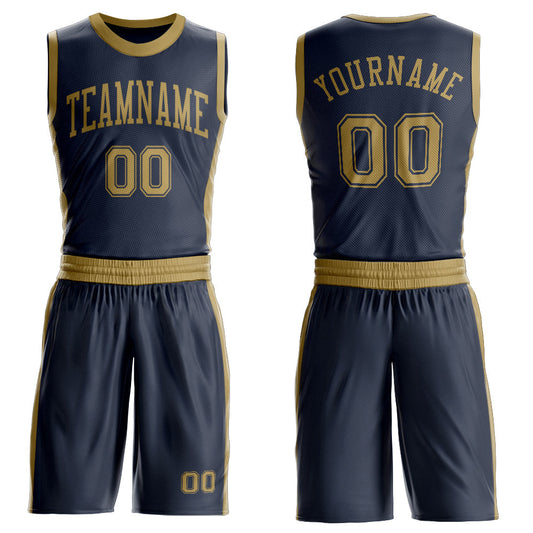 Custom Navy Old Gold Round Neck Basketball Uniform Jersey - Main View