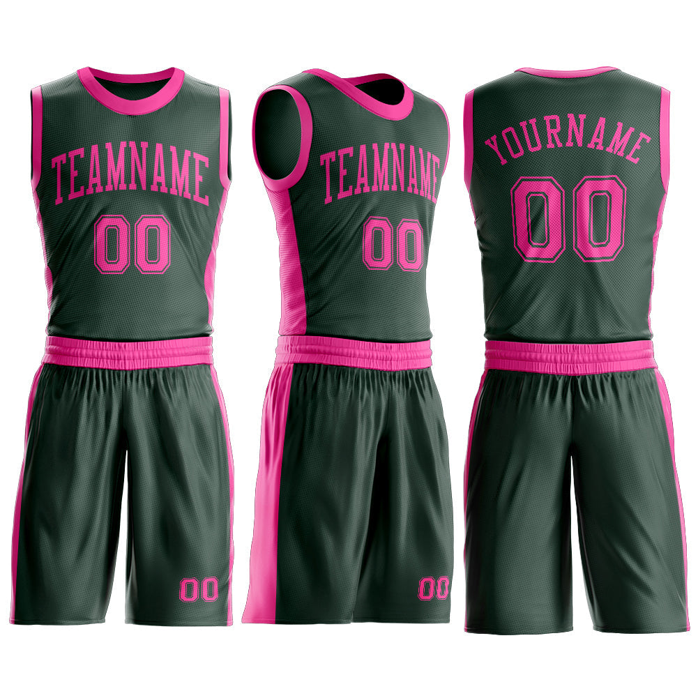 Custom Green Pink Round Neck Basketball Uniform Jersey view 3