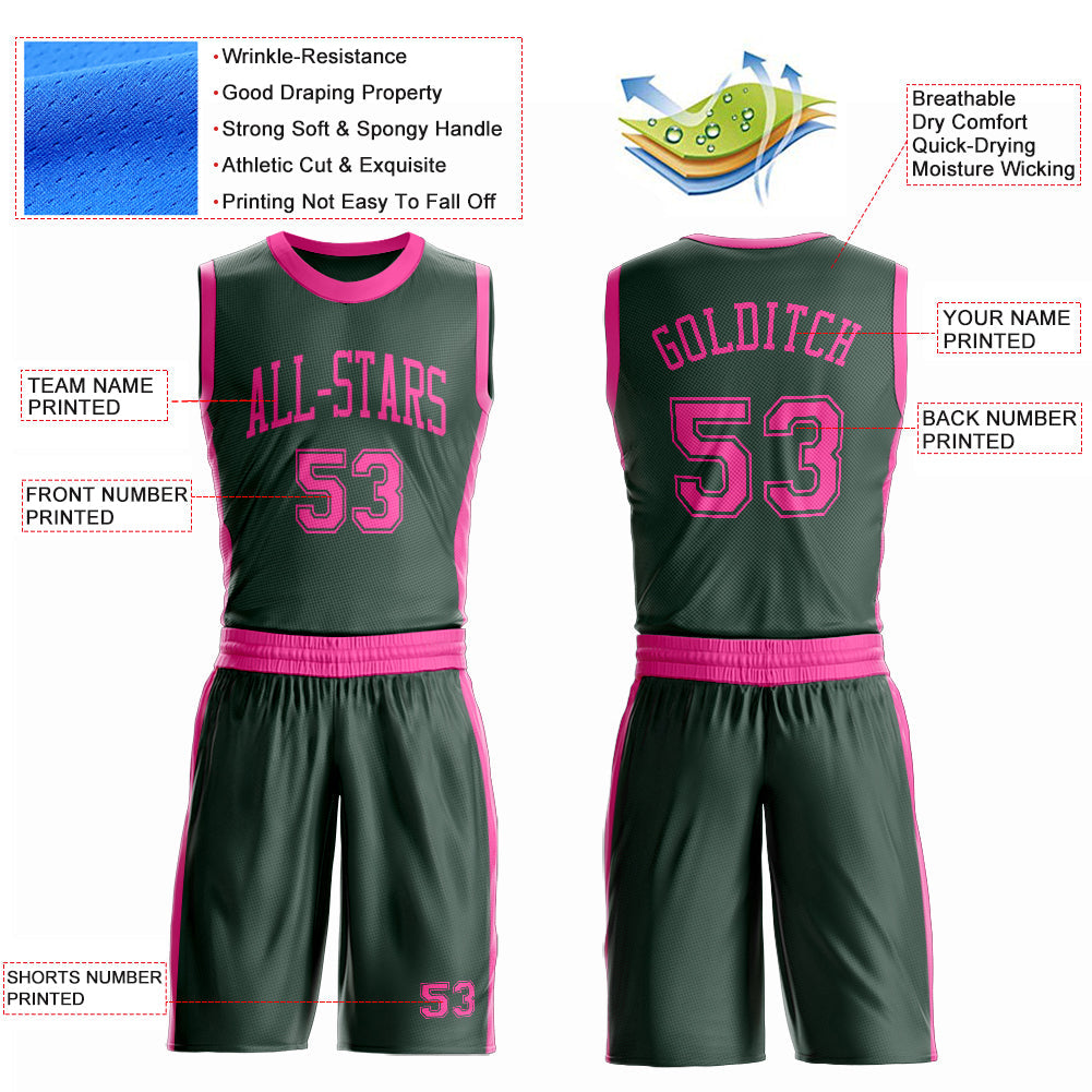 Custom Green Pink Round Neck Basketball Uniform Jersey view 4
