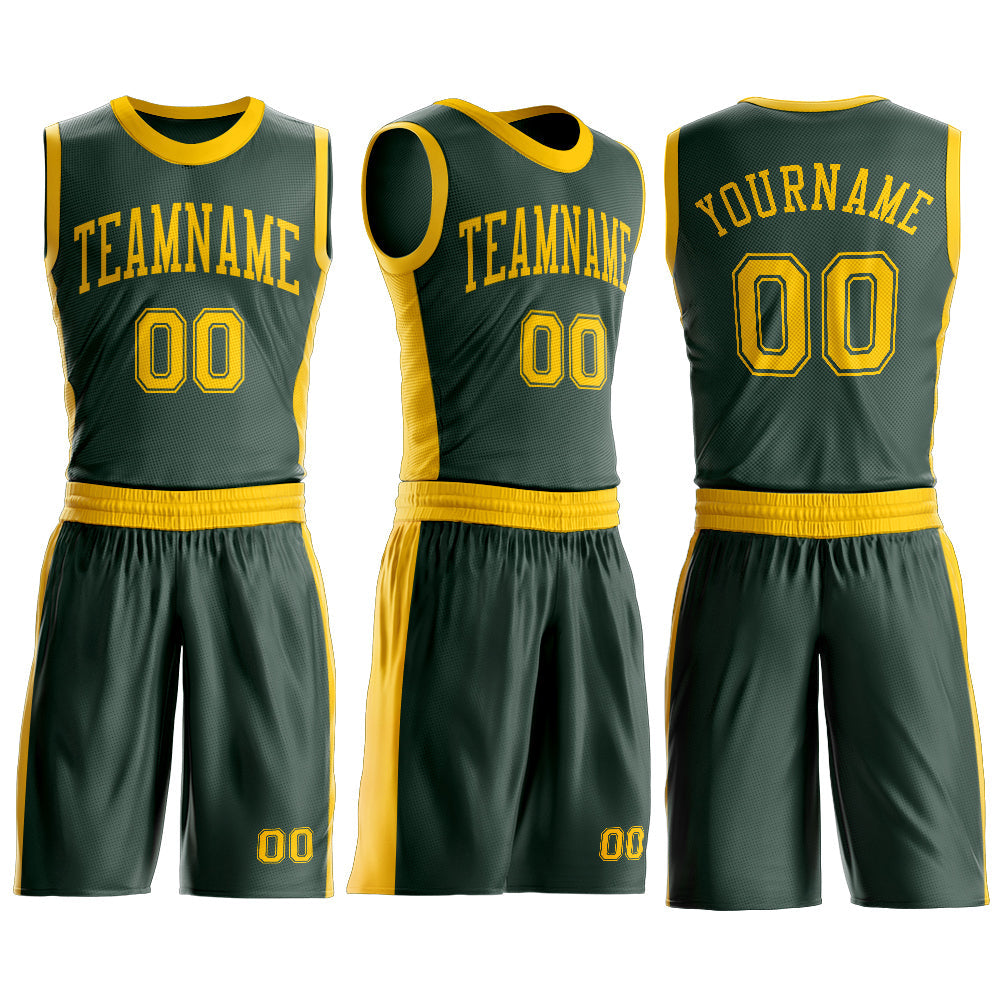 Custom Green Gold Round Neck Basketball Uniform Jersey view 3