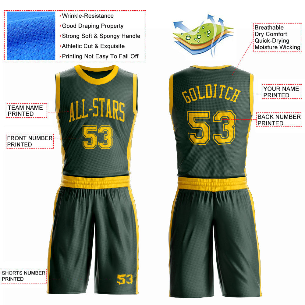 Custom Green Gold Round Neck Basketball Uniform Jersey view 4