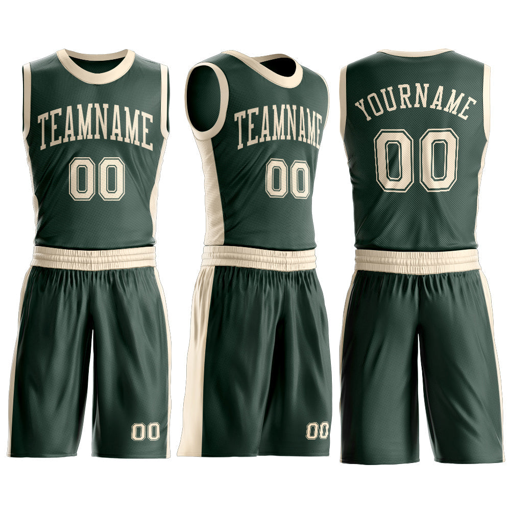 Custom Green Cream Round Neck Basketball Uniform Jersey view 3