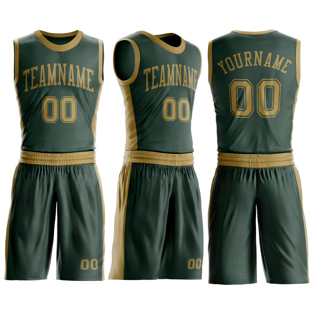 Custom Green Old Gold Round Neck Basketball Uniform Jersey view 3