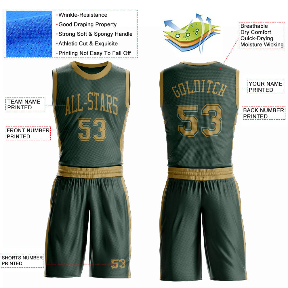Custom Green Old Gold Round Neck Basketball Uniform Jersey view 4