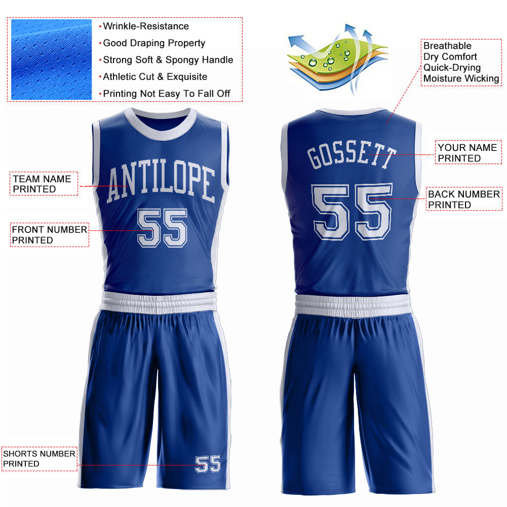 Custom Royal White Round Neck Basketball Uniform Jersey view 4