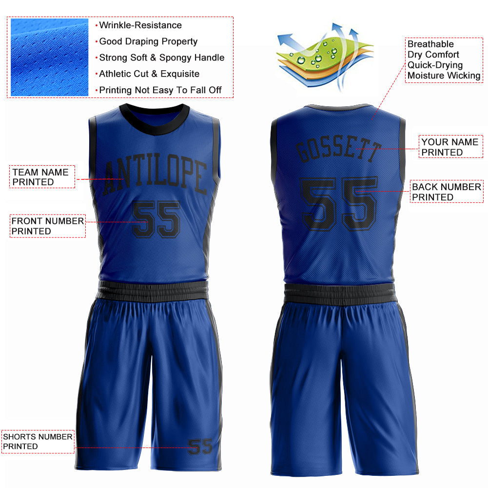 Custom Royal Black Round Neck Basketball Uniform Jersey view 4