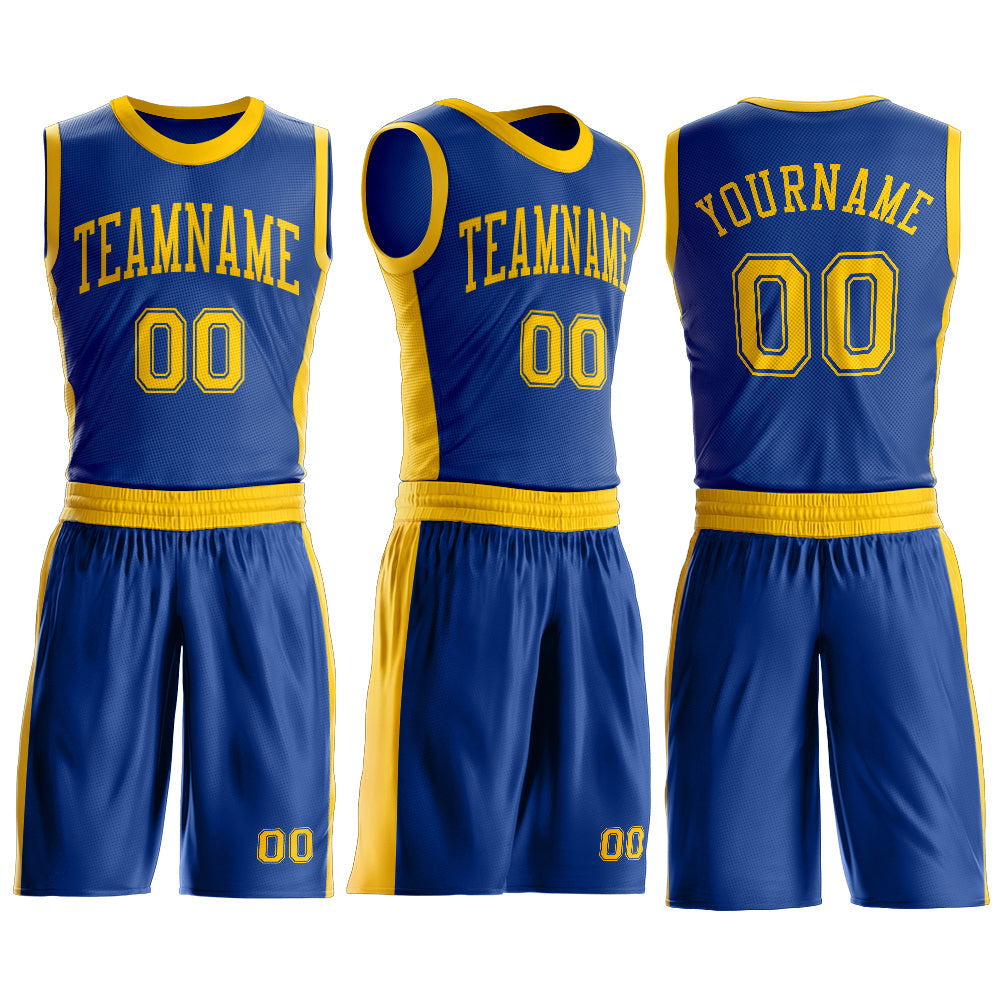 Custom Royal Gold Round Neck Basketball Uniform Jersey view 3