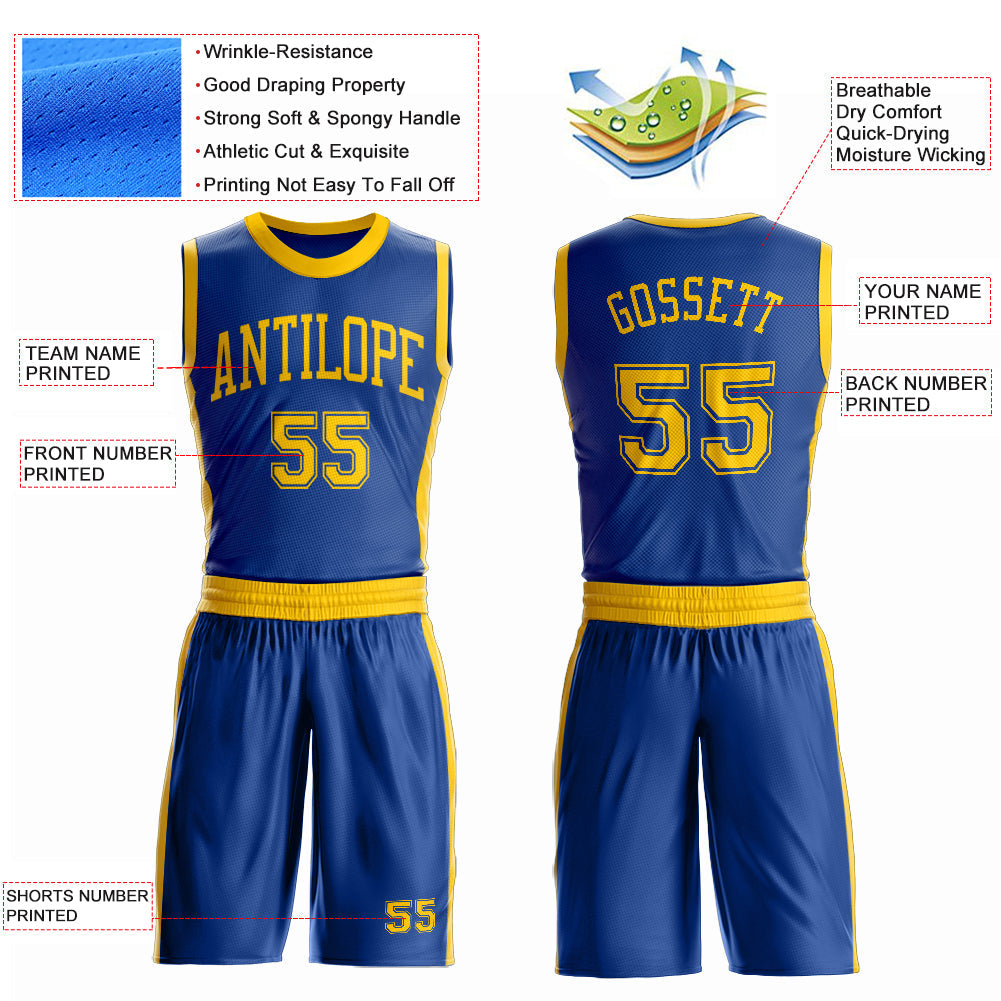 Custom Royal Gold Round Neck Basketball Uniform Jersey view 4