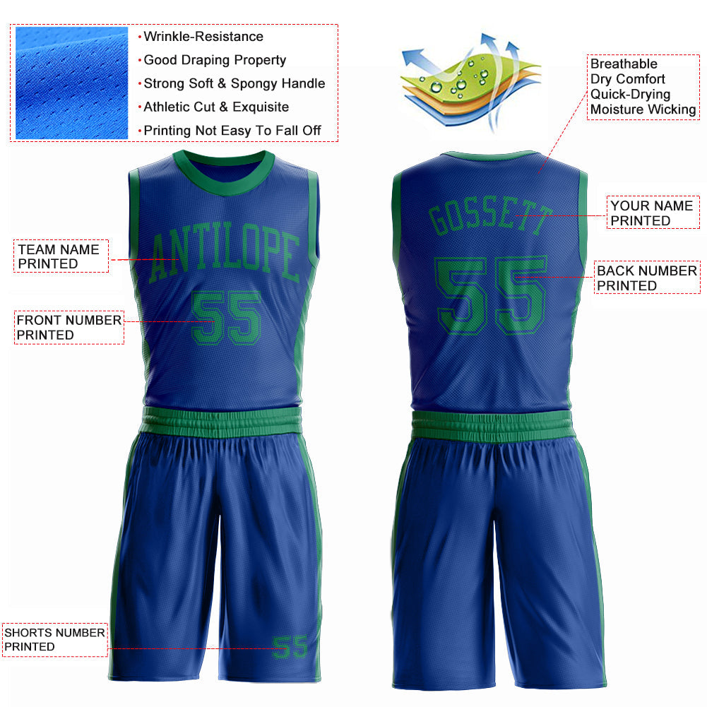 Custom Royal Kelly Green Round Neck Basketball Uniform Jersey view 4