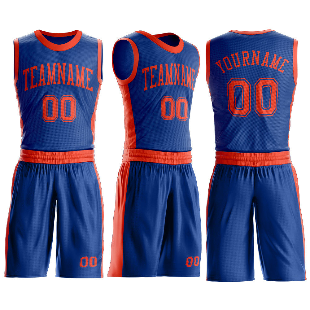 Custom Royal Orange Round Neck Basketball Uniform Jersey view 3