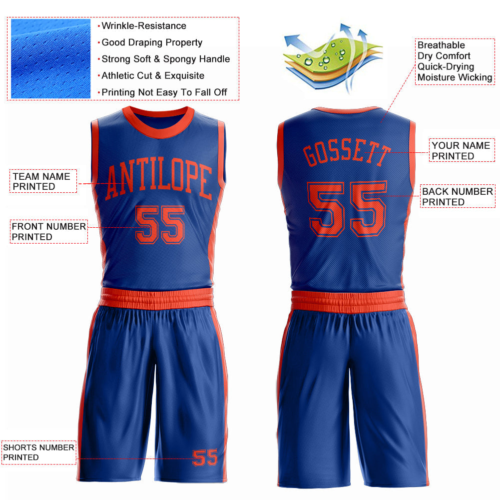 Custom Royal Orange Round Neck Basketball Uniform Jersey view 4