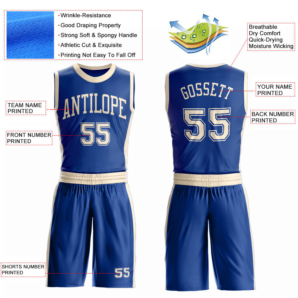 Custom Royal Cream Round Neck Basketball Uniform Jersey view 4