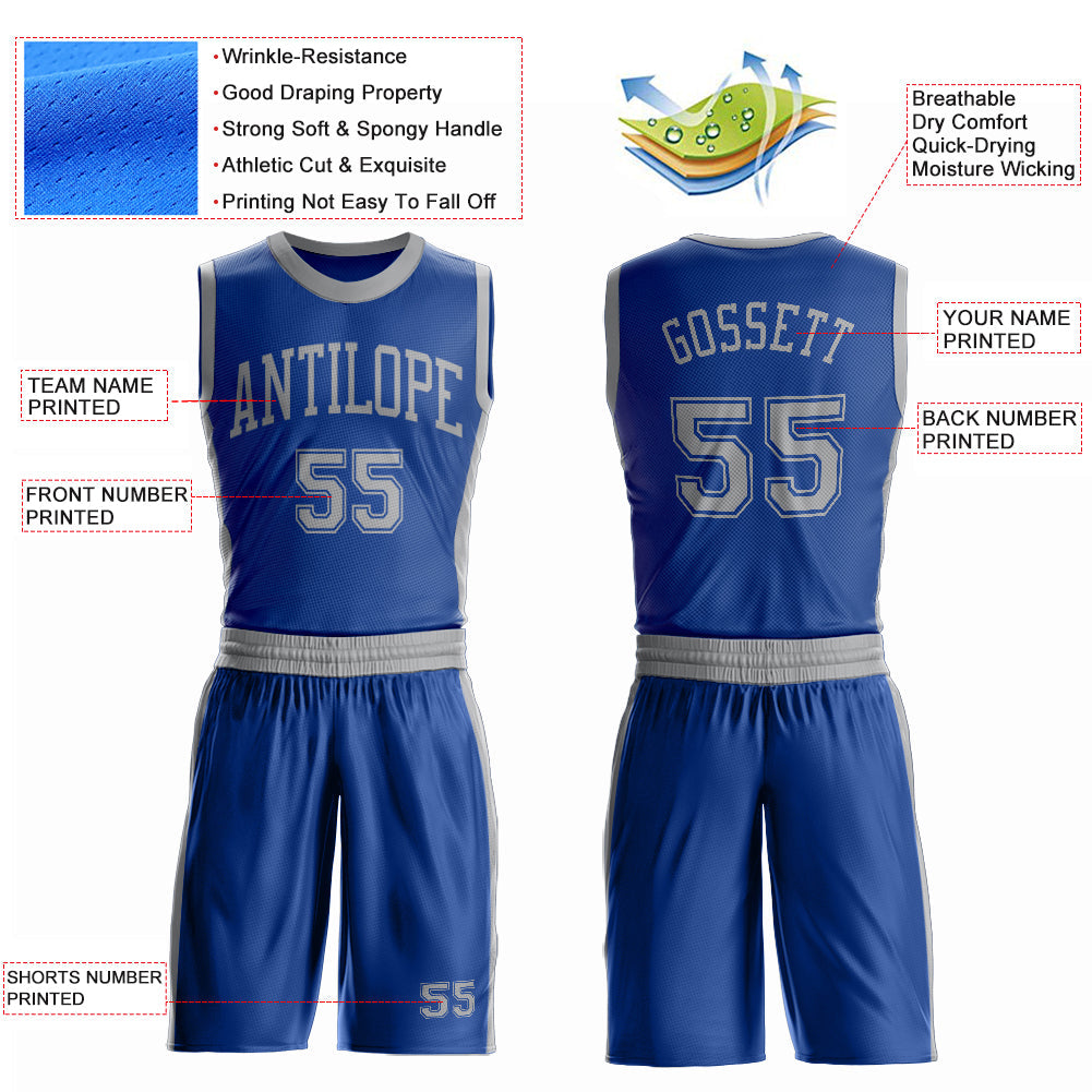 Custom Royal Gray Round Neck Basketball Uniform Jersey view 4