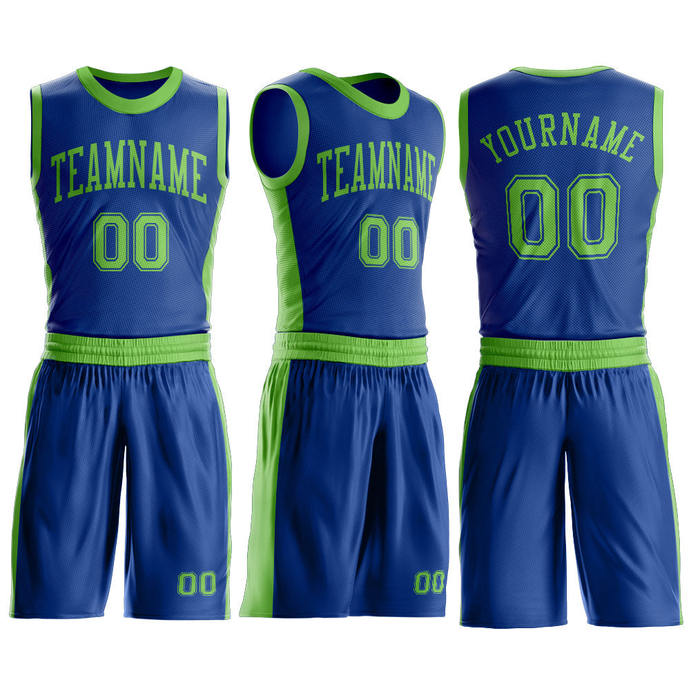 Custom Royal Neon Green Round Neck Basketball Uniform Jersey view 3