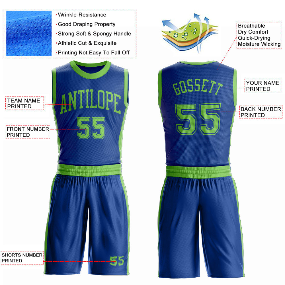 Custom Royal Neon Green Round Neck Basketball Uniform Jersey view 4