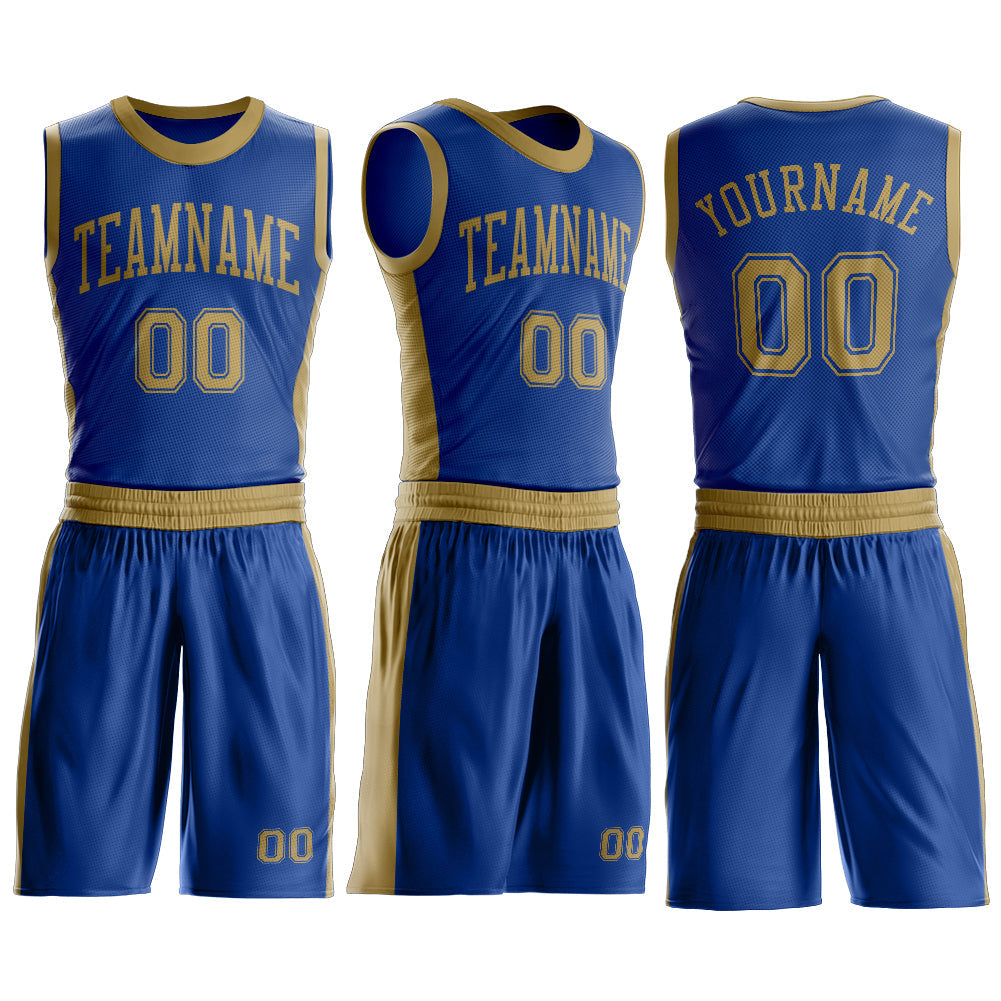 Custom Royal Old Gold Round Neck Basketball Uniform Jersey view 3