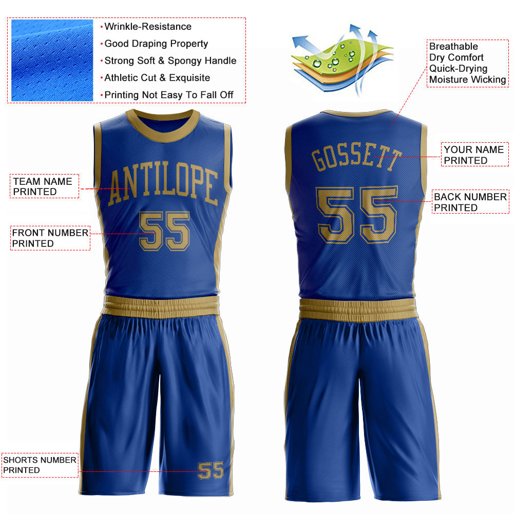 Custom Royal Old Gold Round Neck Basketball Uniform Jersey view 4