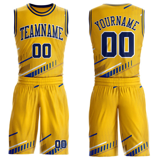 Custom Yellow Navy Royal-White Geometric Stripe Round Neck Sublimation Basketball Uniform Jersey - Main View