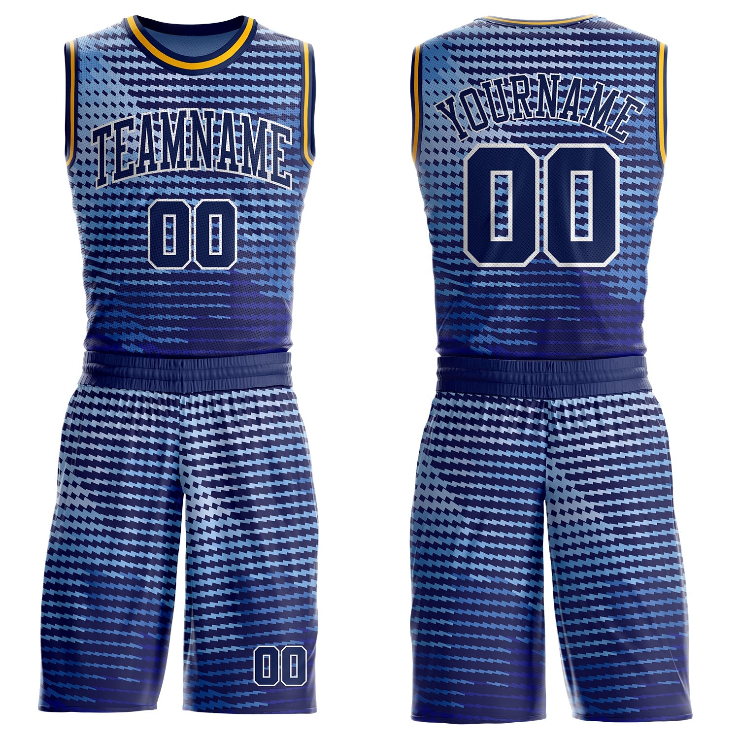 Custom Blue Navy White-Gold Gradient Geometric Stripe Round Neck Sublimation Basketball Uniform Jersey - Main View