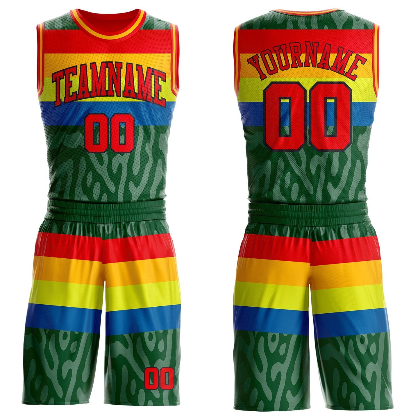 Custom Green Fire Red Blue Black-Gold Stripe Camo Round Neck Sublimation Basketball Uniform Jersey - Main View