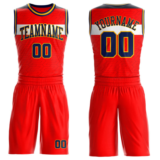 Custom Red Navy White-Gold Geometric Stripe Round Neck Sublimation Basketball Uniform Jersey - Main View