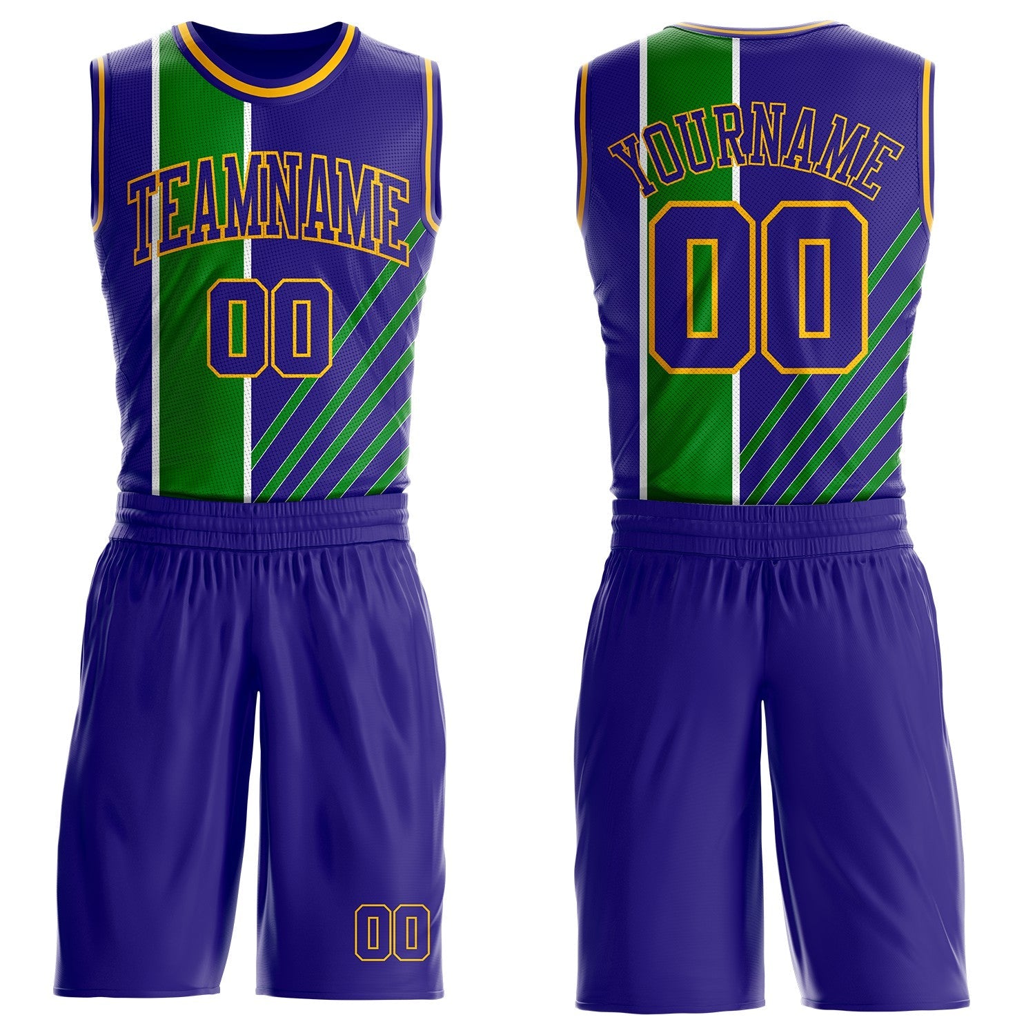 Custom Dark Purple Grass Green White-Gold Geometric Stripe Round Neck Sublimation Basketball Uniform Jersey - Main View