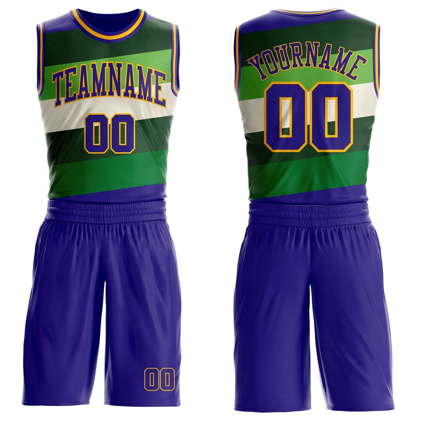 Custom Dark Purple Green-Gold Geometric Stripe Round Neck Sublimation Basketball Uniform Jersey - Main View