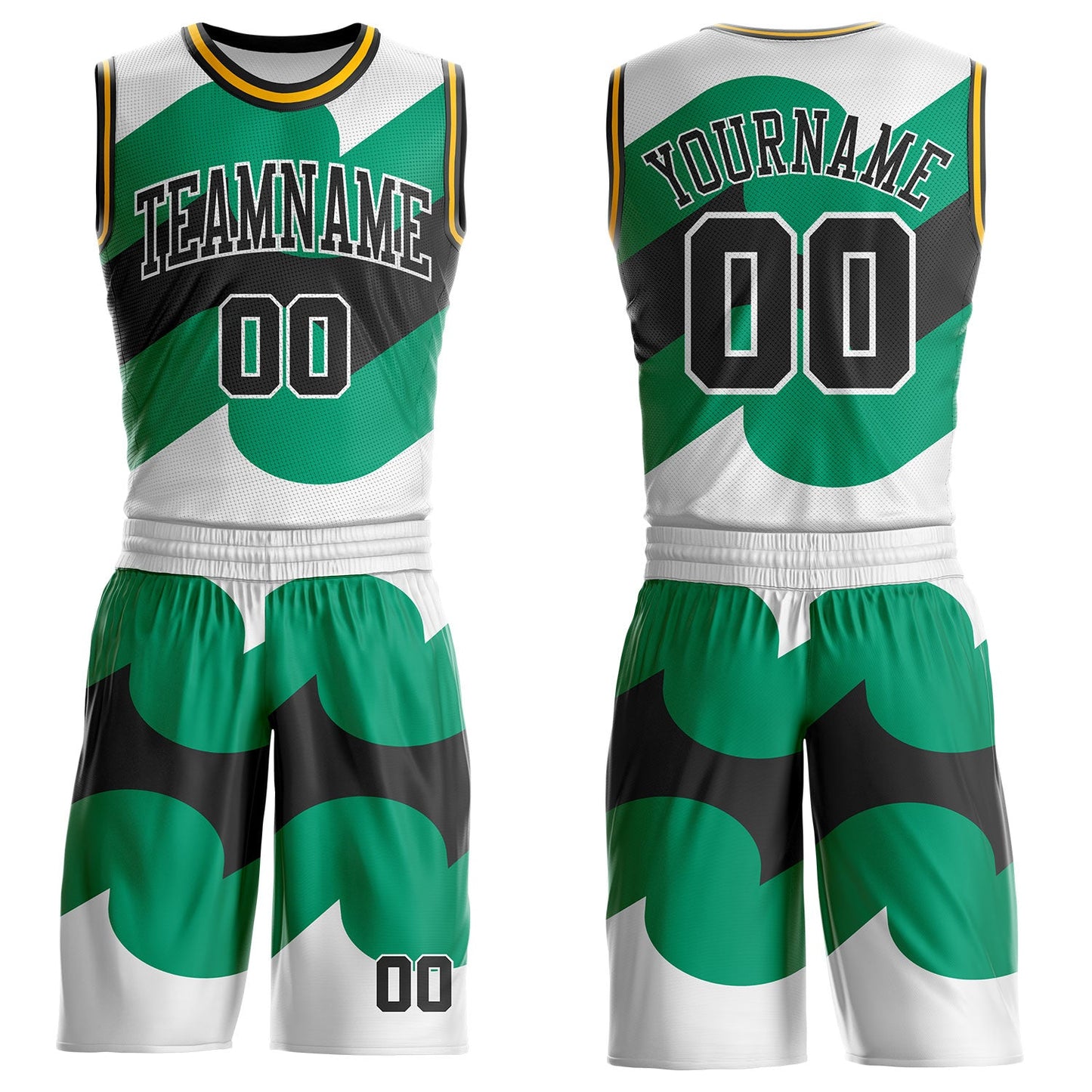 Custom White Black Green-Gold Wave Geometric Stripe Round Neck Sublimation Basketball Uniform Jersey - Main View