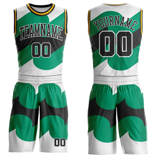 Custom White Black Green-Gold Wave Geometric Stripe Round Neck Sublimation Basketball Uniform Jersey - Main View
