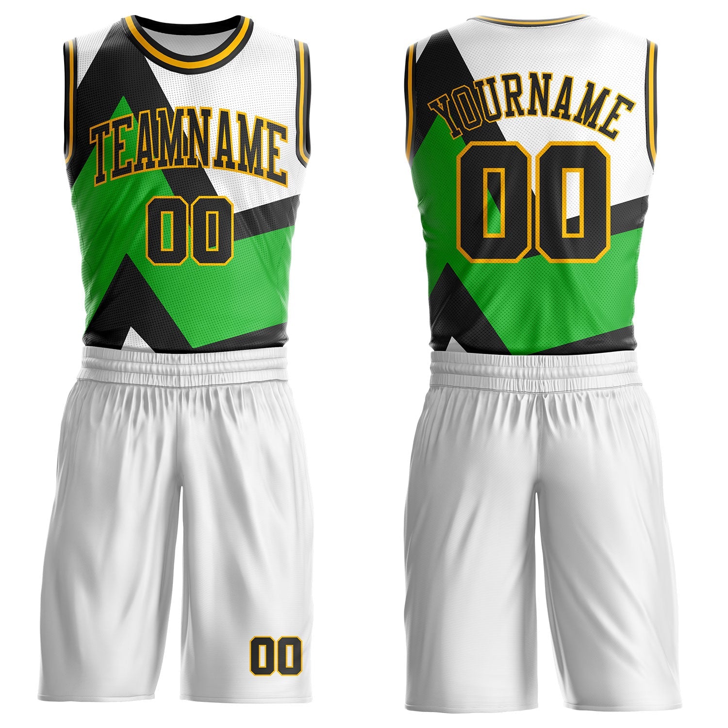 Custom White Black Green-Gold Triangle Geometric Stripe Round Neck Sublimation Basketball Uniform Jersey - Main View