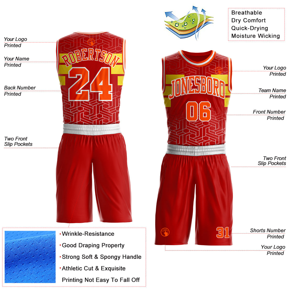 Custom Red Orange Yellow-White Geometric Maze Stripe Round Neck Sublimation Basketball Uniform Jersey view 2