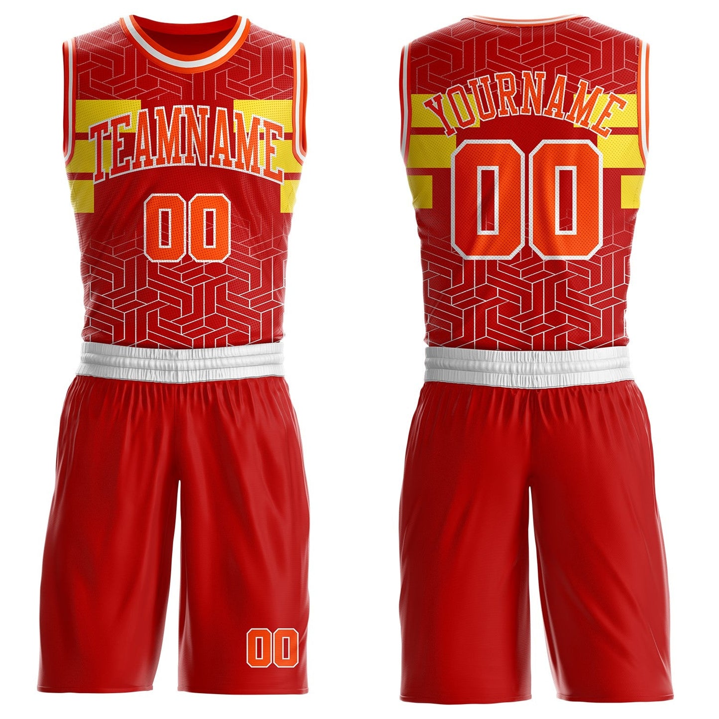 Custom Red Orange Yellow-White Geometric Maze Stripe Round Neck Sublimation Basketball Uniform Jersey - Main View