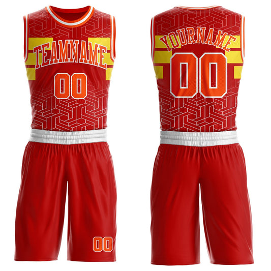 Custom Red Orange Yellow-White Geometric Maze Stripe Round Neck Sublimation Basketball Uniform Jersey - Main View