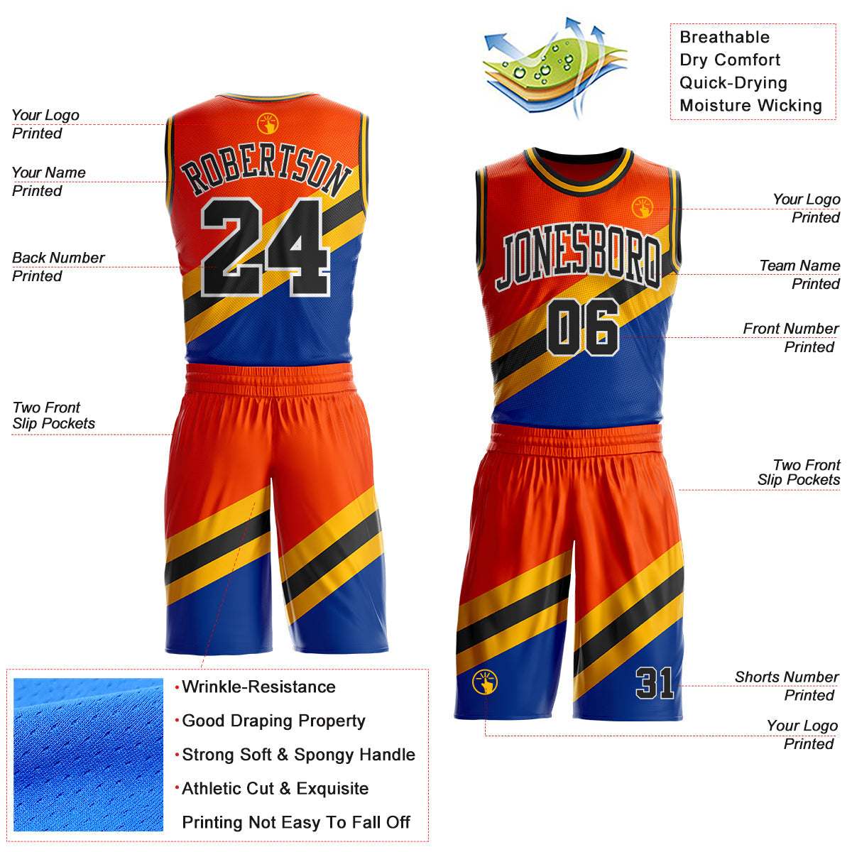 Custom Orange Black Gold Royal-White Geometric Stripe Round Neck Sublimation Basketball Uniform Jersey view 2