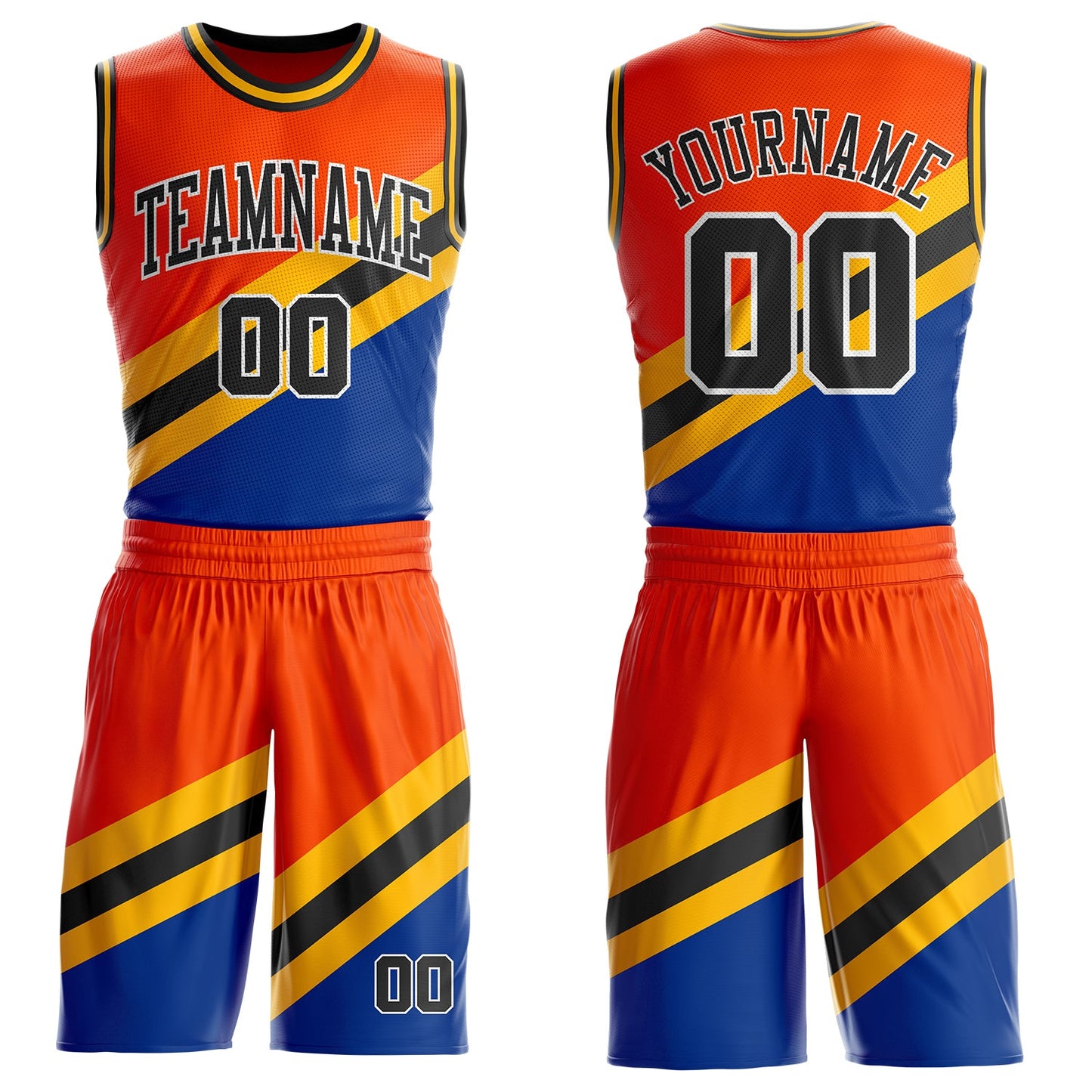 Custom Orange Black Gold Royal-White Geometric Stripe Round Neck Sublimation Basketball Uniform Jersey - Main View