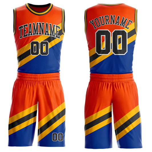 Custom Orange Black Gold Royal-White Geometric Stripe Round Neck Sublimation Basketball Uniform Jersey - Main View