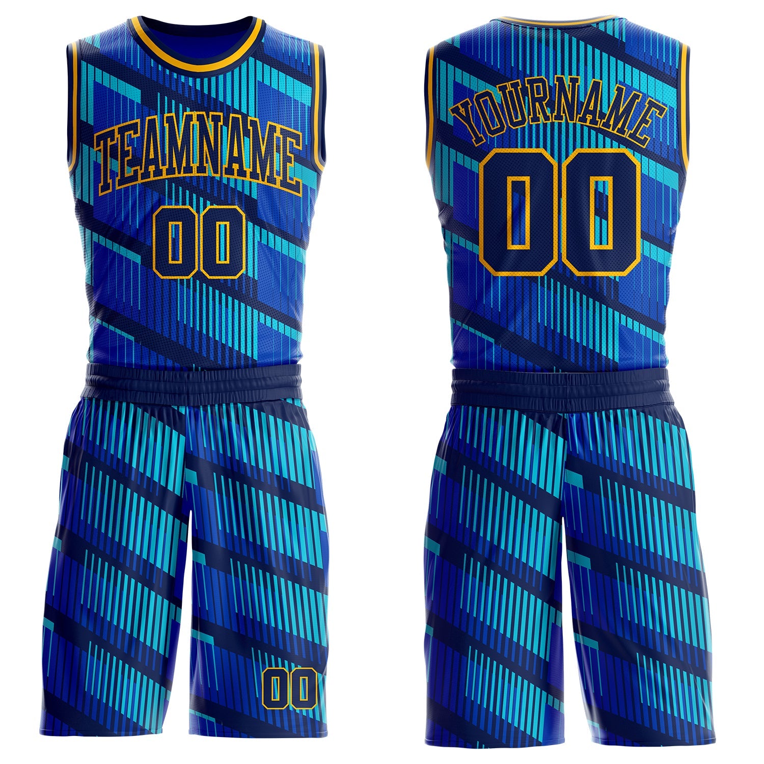 Custom Thunder Blue Navy Lakes Blue-Gold Geometric Stripe Round Neck Sublimation Basketball Uniform Jersey - Main View