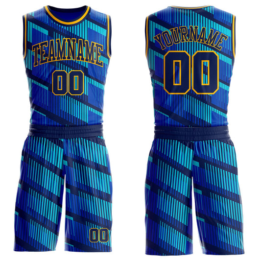 Custom Thunder Blue Navy Lakes Blue-Gold Geometric Stripe Round Neck Sublimation Basketball Uniform Jersey - Main View