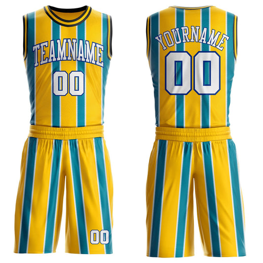 Custom Yellow White Teal Royal-Black Geometric Stripe Round Neck Sublimation Basketball Uniform Jersey - Main View