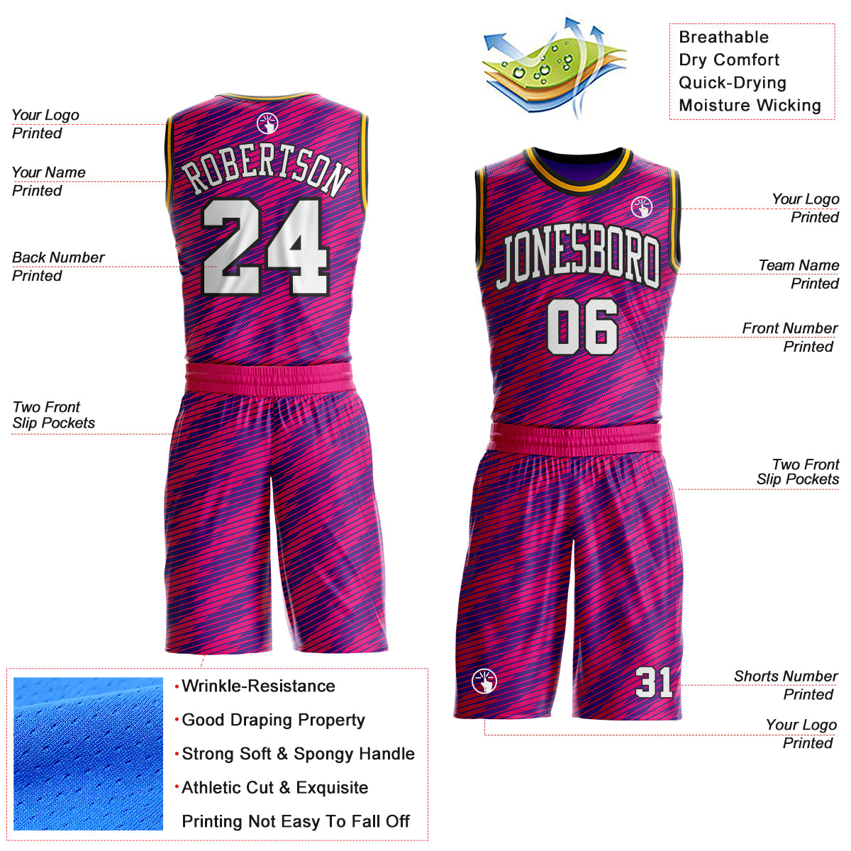 Custom Purple White Hot Pink Black-Gold Geometric Stripe Round Neck Sublimation Basketball Uniform Jersey view 2