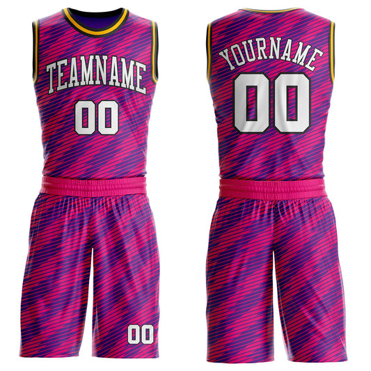 Custom Purple White Hot Pink Black-Gold Geometric Stripe Round Neck Sublimation Basketball Uniform Jersey - Main View