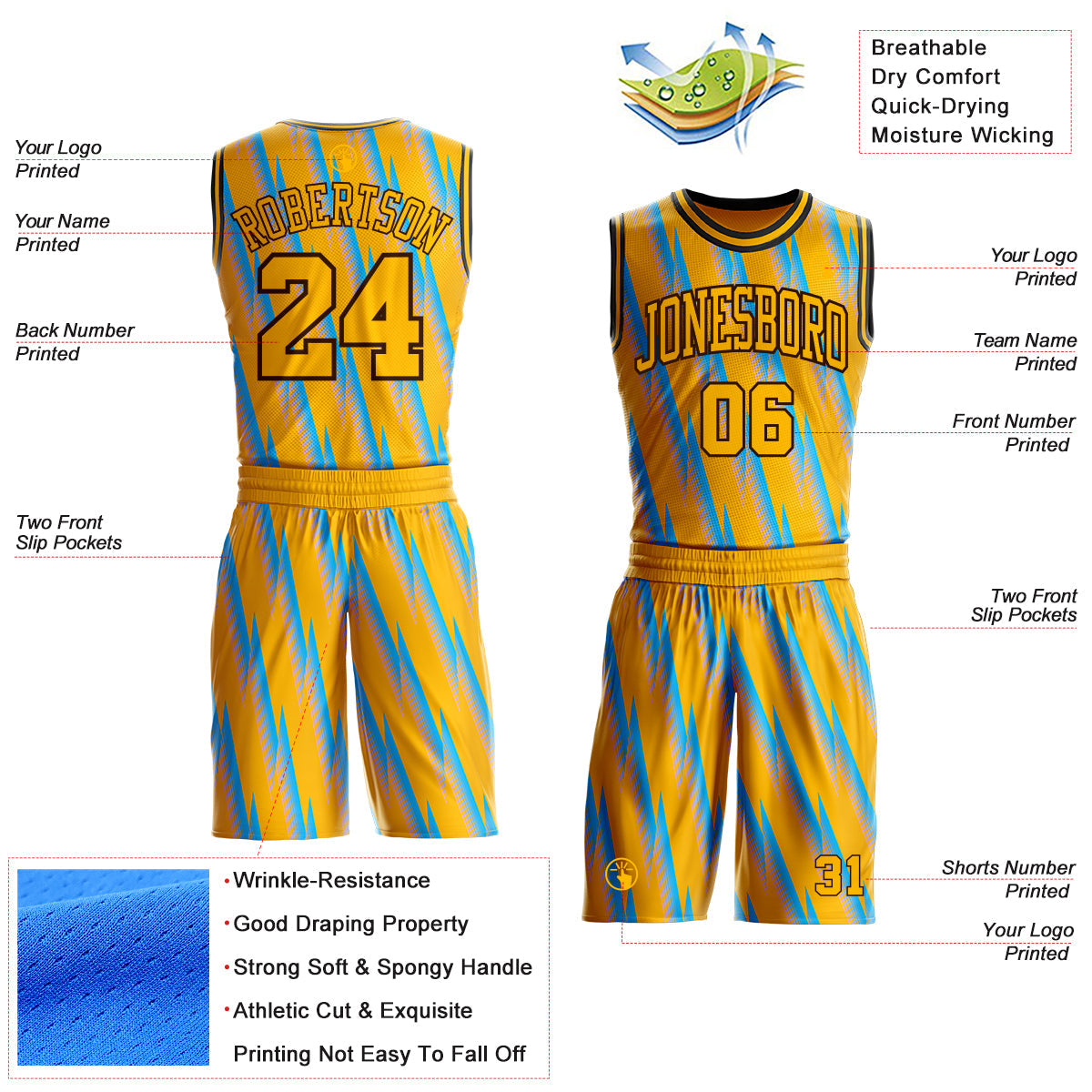 Custom Gold Lakes Blue Brown-Black Gradient Lightning Stripe Round Neck Sublimation Basketball Uniform Jersey view 2