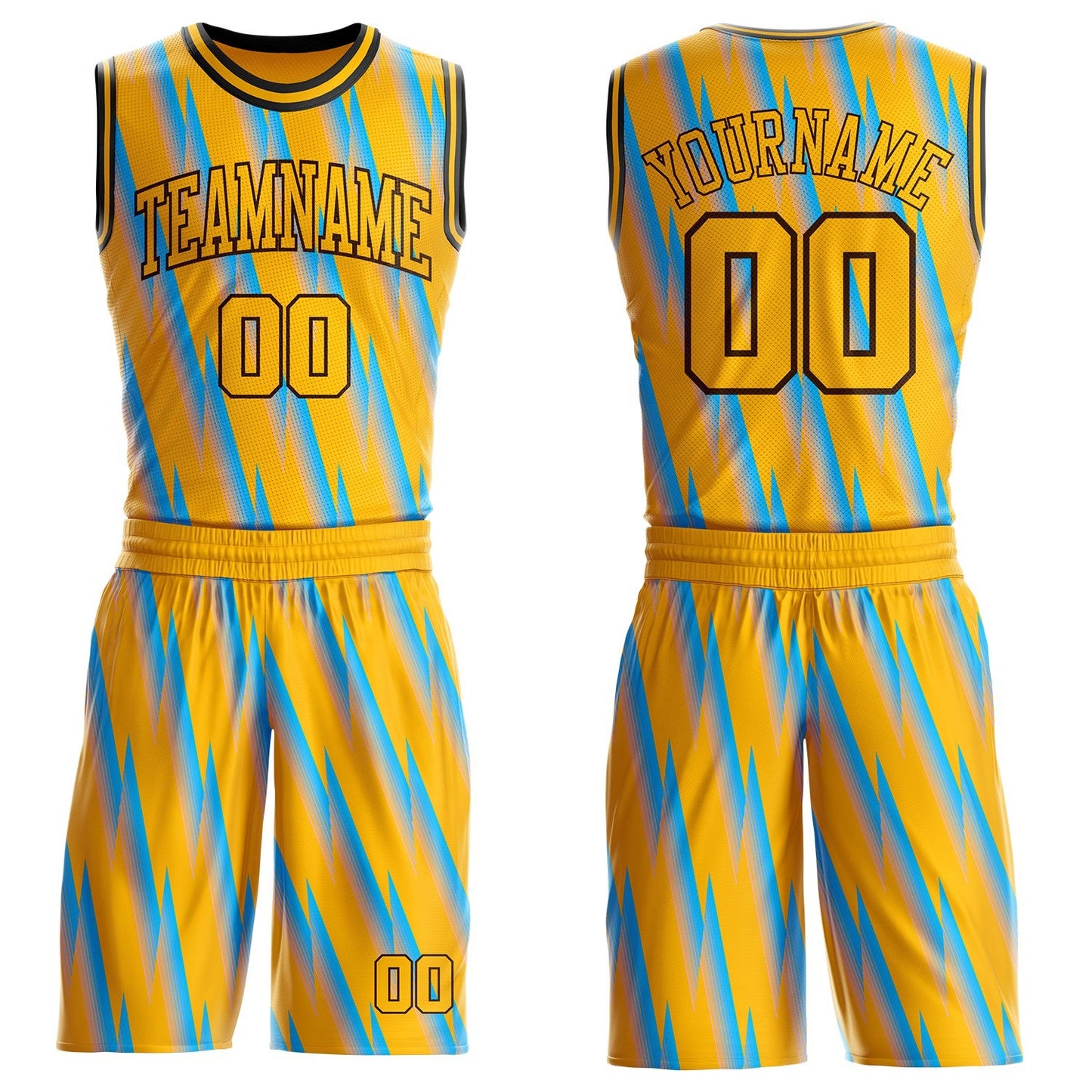Custom Gold Lakes Blue Brown-Black Gradient Lightning Stripe Round Neck Sublimation Basketball Uniform Jersey - Main View