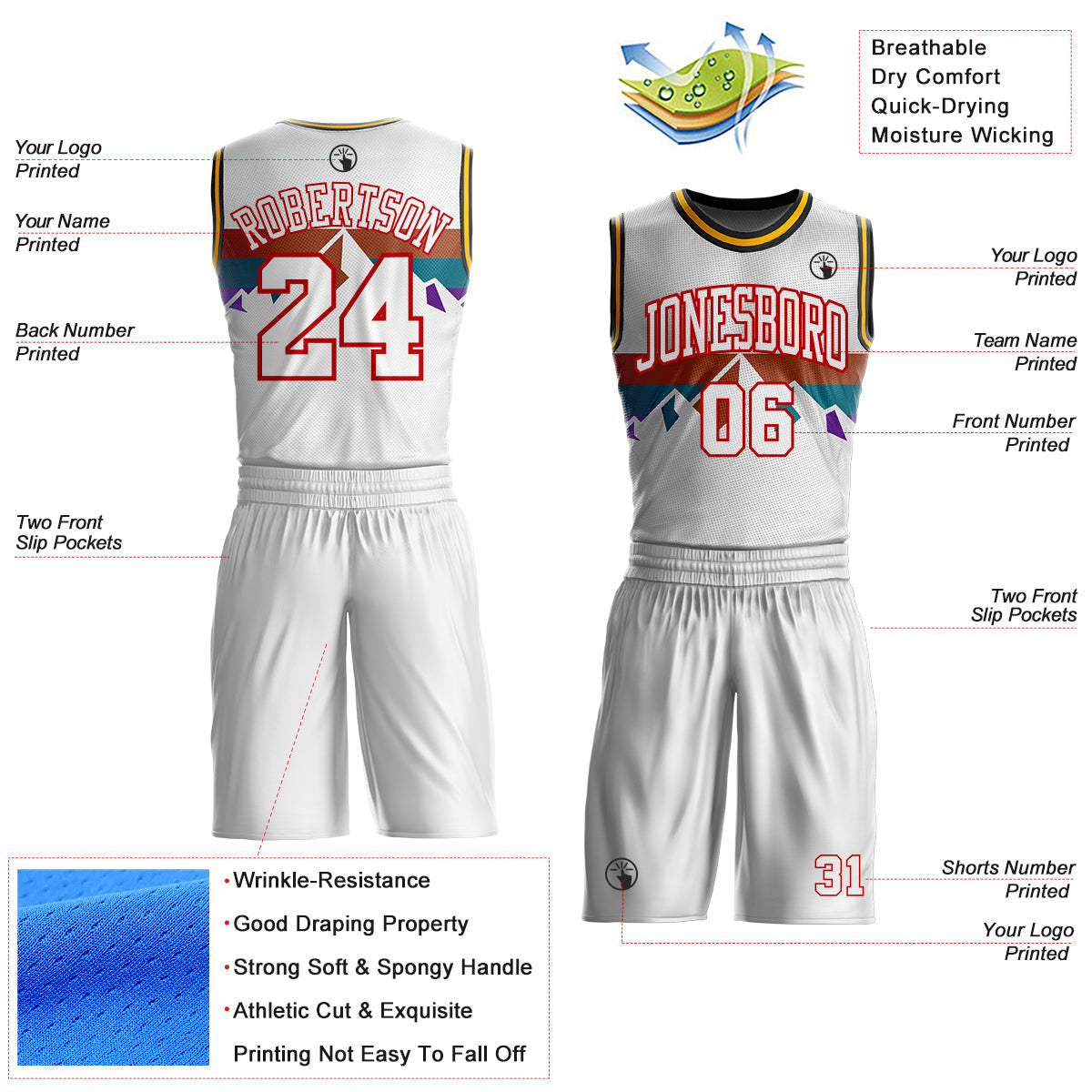 Custom White Texas Orange Teal Purple Red Black-Gold Mountain Geometric Stripe Round Neck Sublimation Basketball Uniform Jersey view 2